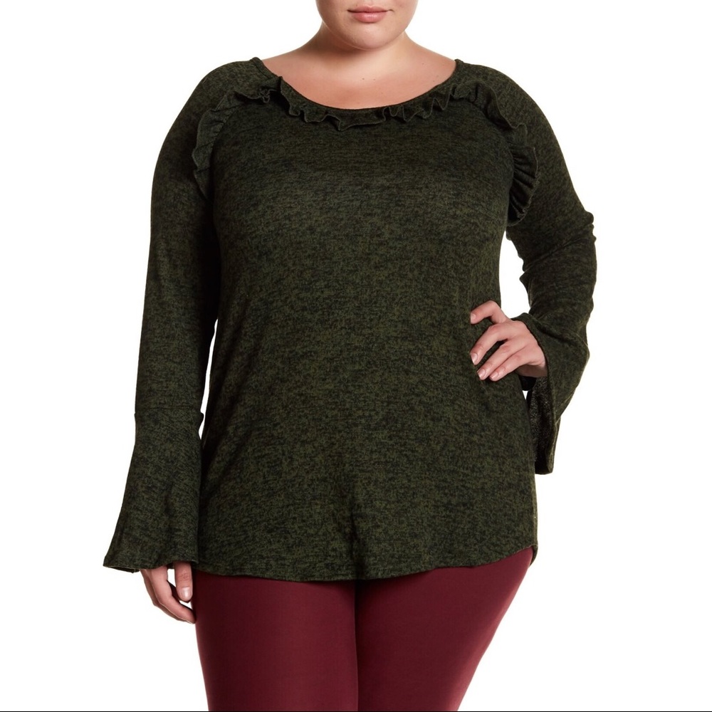 Forest Green Knit Long bell sleeve Ruffled Tee